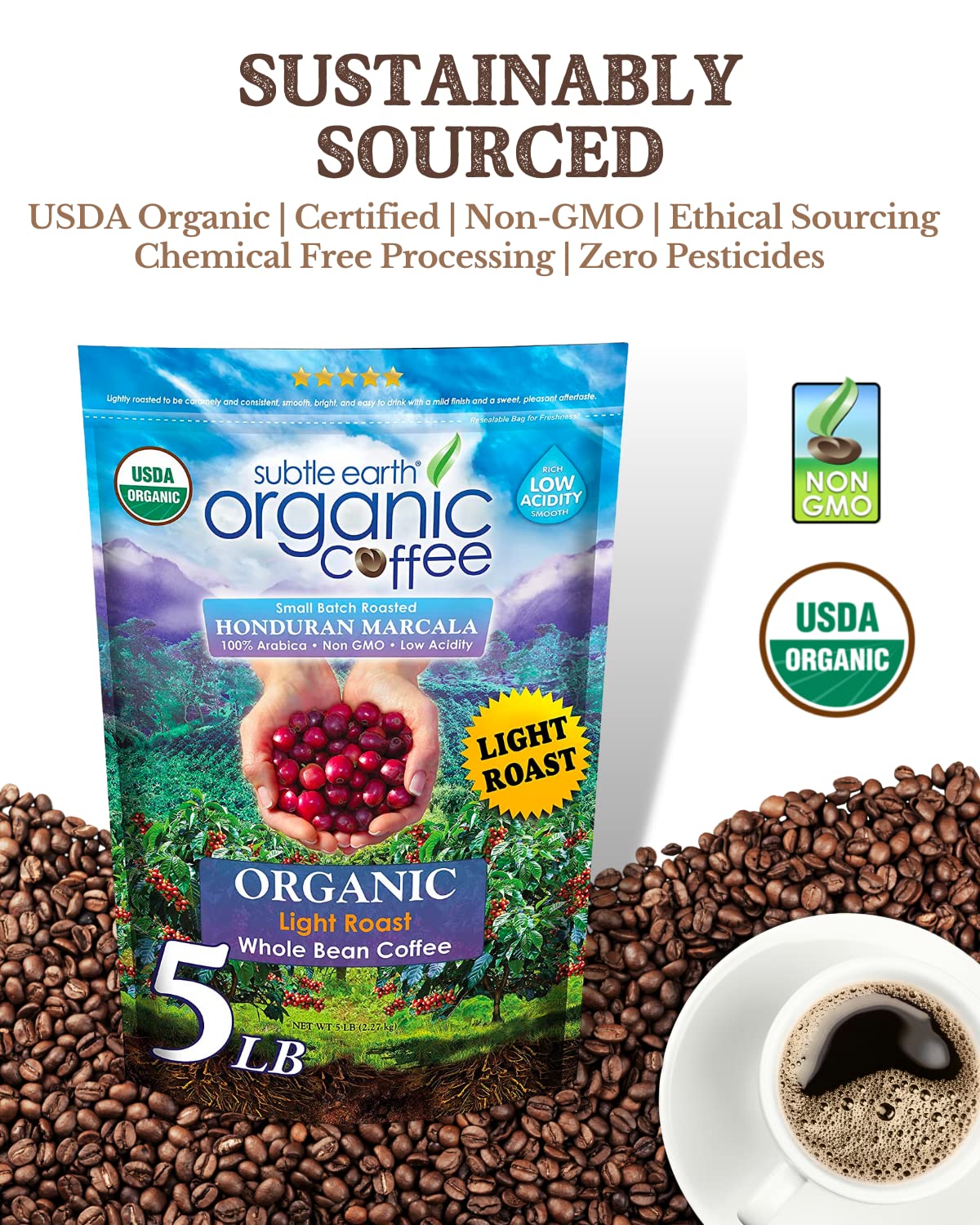 Subtle Earth Organic Coffee - Light Roast - Whole Bean Coffee - 100% Arabica Beans - Low Acidity And Non-Gmo - 5Lb Bag