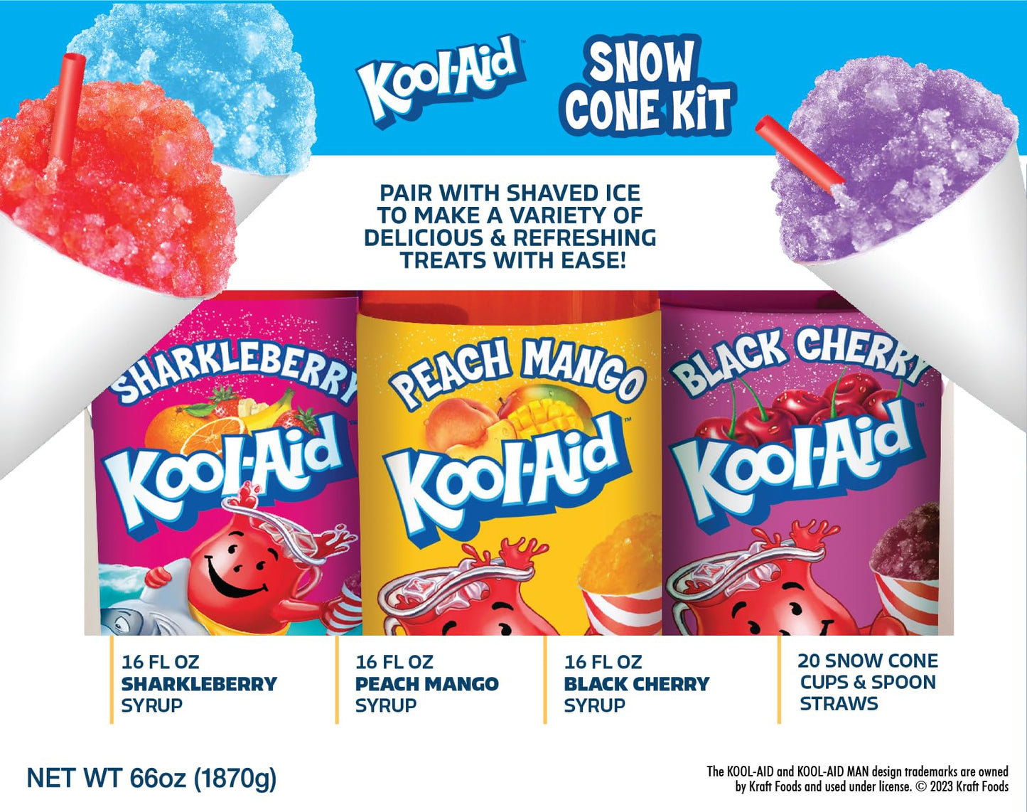 Kool-Aid Snow Cone Syrup Party Kit - Sharkleberry, Peach Mango, Black Cherry - 20 Snow Cone Cups & Spoon Straws