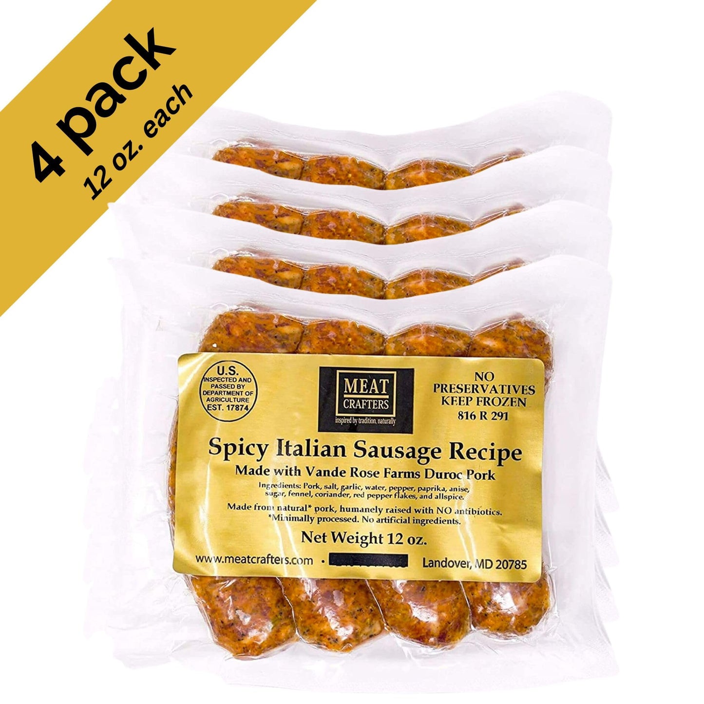 Meatcrafters Spicy Italian Pork Sausage, Minimally Processed, No Artificial Ingredients, 12Oz (4-Pack, 16 Total Links)