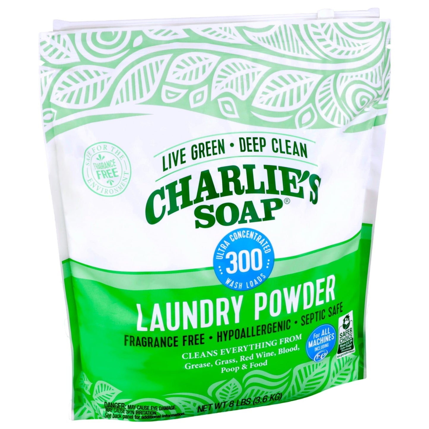 Charlies Soap Hypoallergenic Laundry Detergent Powder 8Lb Bag, Pack Of 4 (1200 Loads Total) Fragrance Free Plant Based Deep Clea