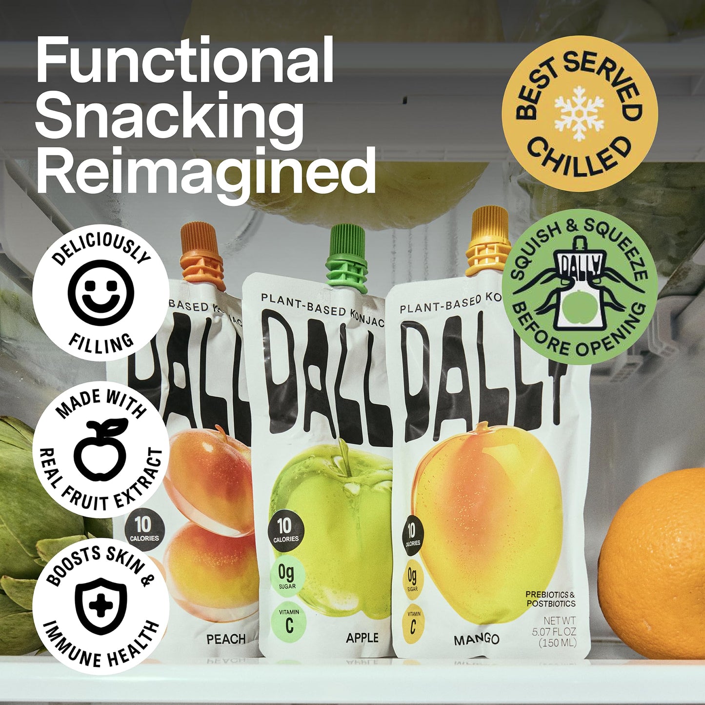 DALLY Drinkable Konjac Jelly Variety Pack - 10 Calorie, Zero Sugar Snack - 10 Pouches (Mango, Peach, Apple) - 5.07 oz