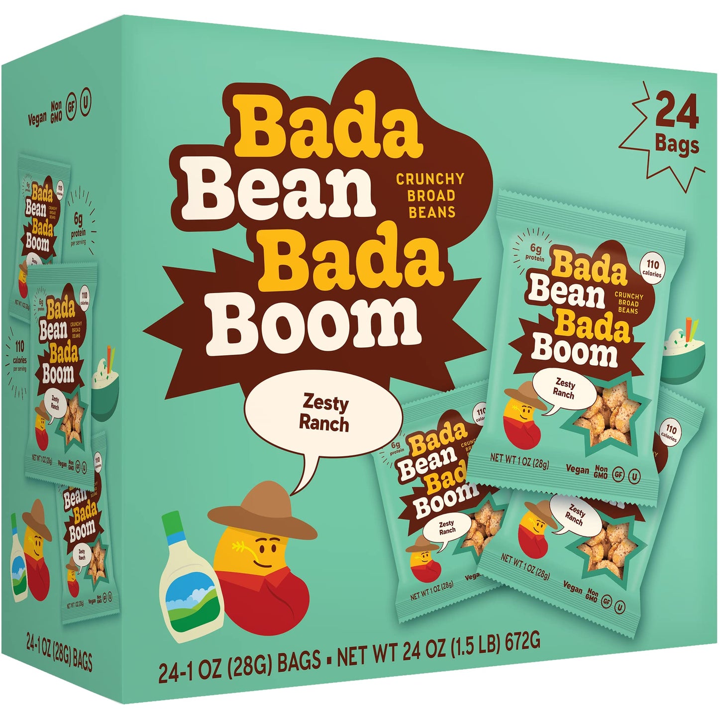 Bada Bean Bada Boom, Crunchy Roasted Broad Bean Snacks (Fava), High Protein, Vegan, Gluten-Free - 110 Calorie Packs, Ranch, 1 Ou