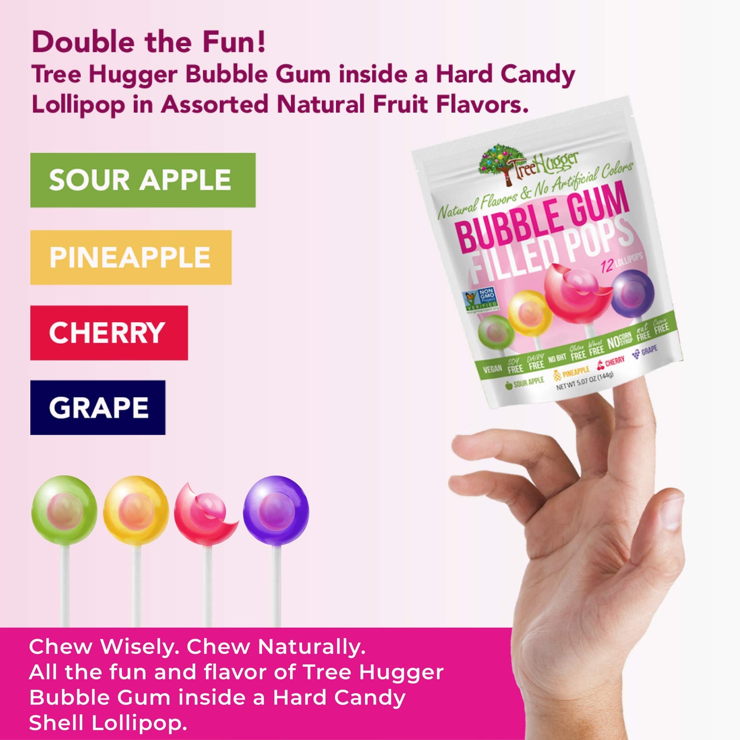 Tree Hugger Bubble Gum Filled Pops In Stand Up Resealable Bags, 6 Bags (12 Pops Per Bag).