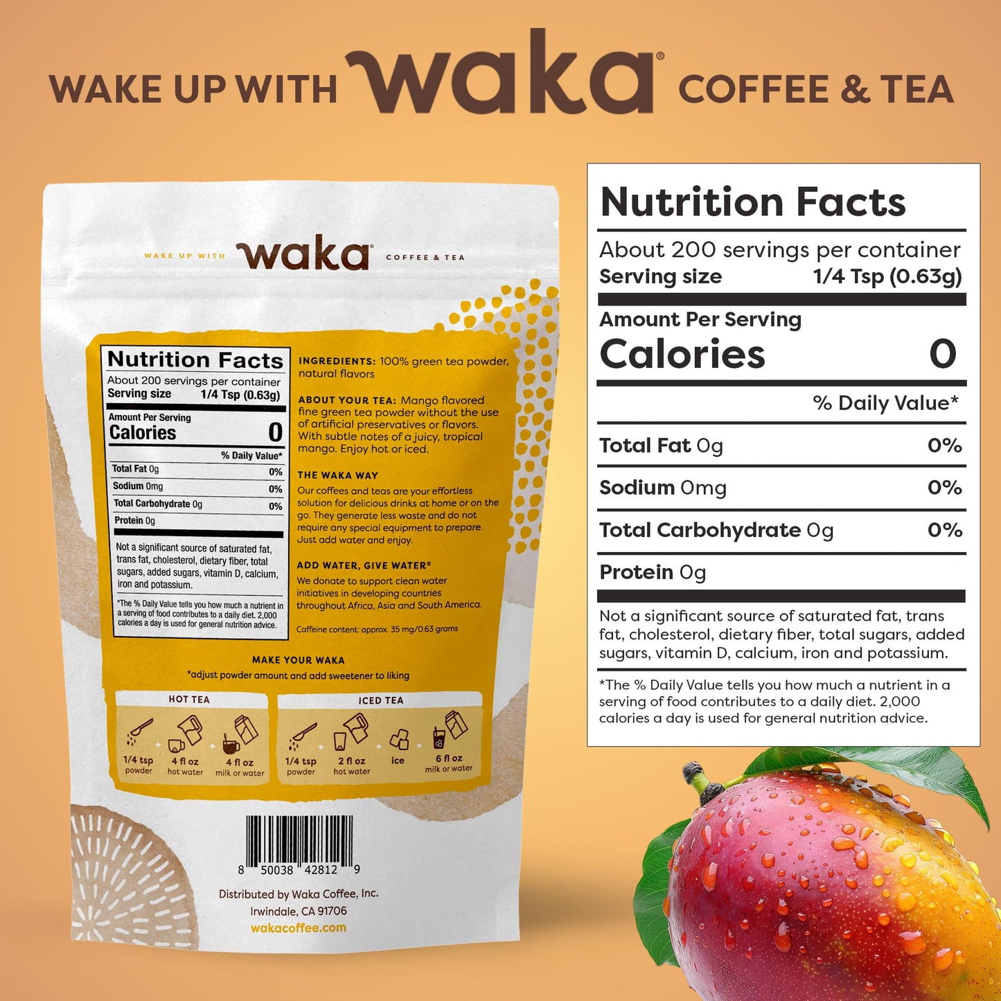 Waka Instant Green Tea Mix, Mango Flavored - 100% Tea Leaves, No Additives, Unsweetened Tea Powder In Bulk Pouch - Easy Quick Ho