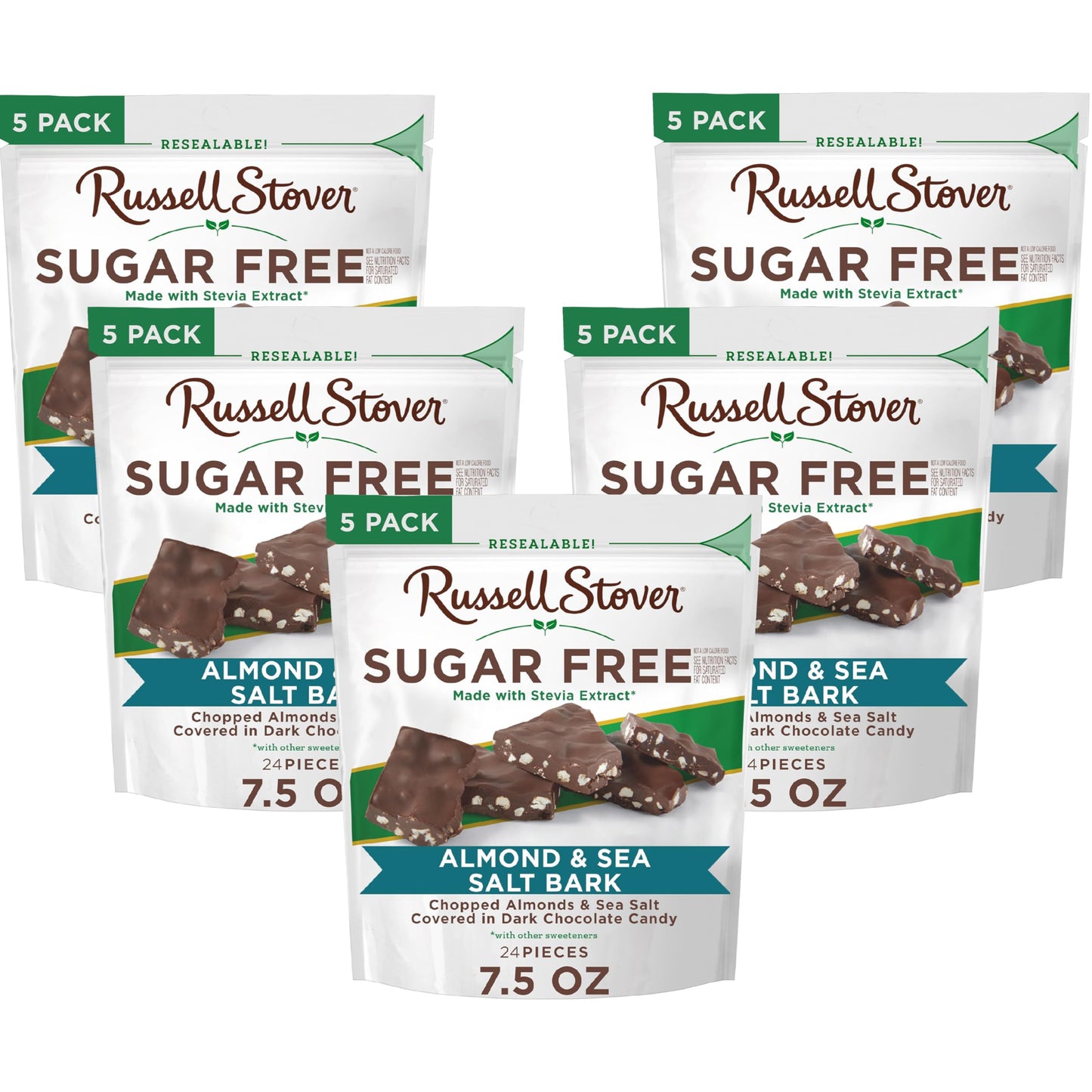 RUSSELL STOVER Sugarfree Dark Chocolate Almond & Sea Salt Bark, 7.5 oz bag, 5 Pack