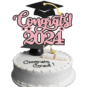 Gyufise 1Pcs Congrats 2024 Cake Topper Glitter Diploma Grad Cap Cake Pick Class Of 2024 Graduation Cake Decoration For 2024 Grad