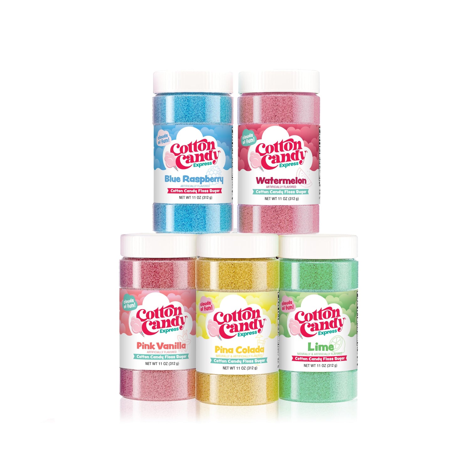 Cotton Candy Express Floss Sugar Variety Pack 5 - 11Oz Plastic Jars Of Lime, Watermelon, Pina Colada, Blue Raspberry, Pink Vanil