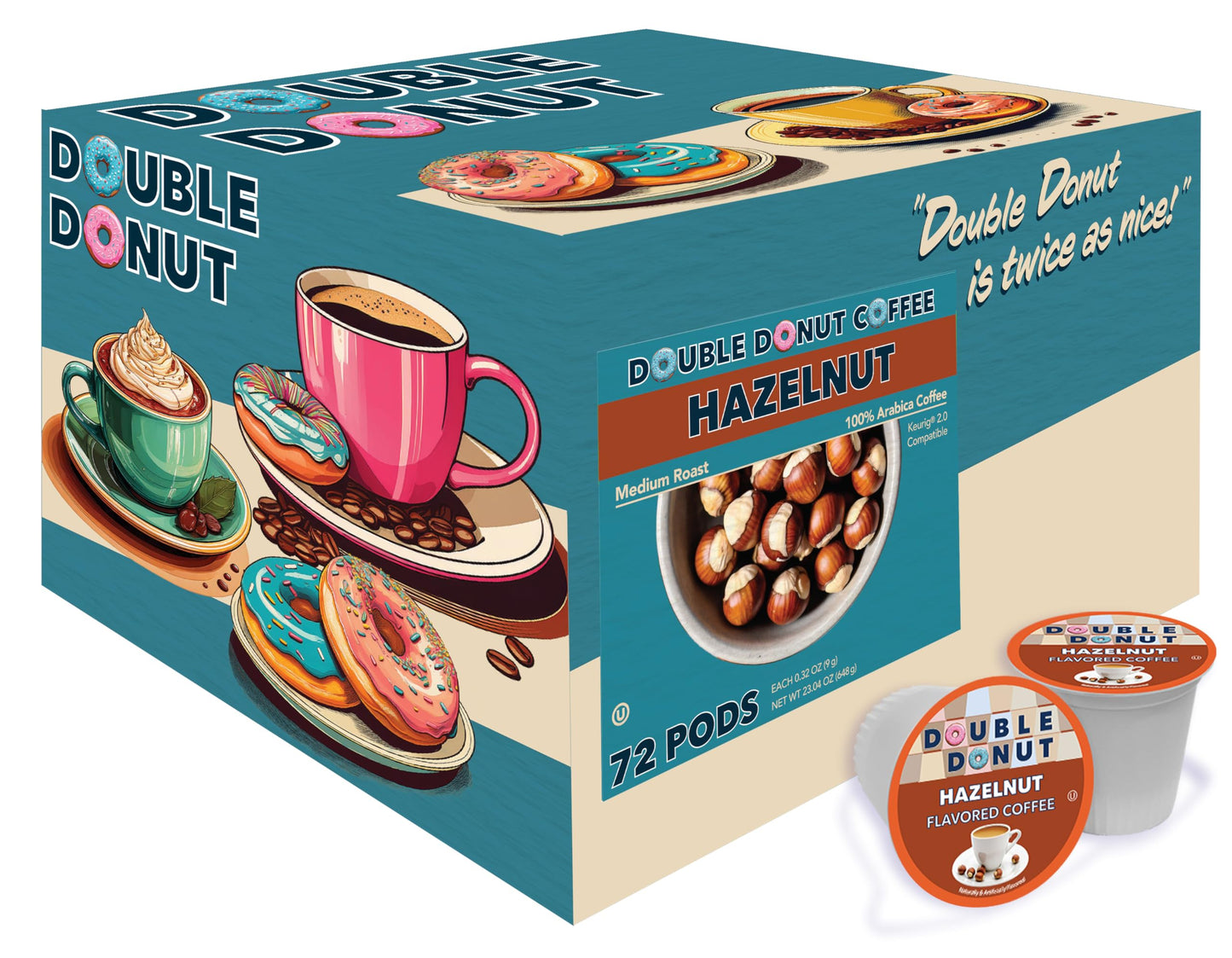 Double Donut Coffee Hazelnut Flavored Coffee Pods, Medium Roast, 72 Count, Compatible with Keurig K Cups