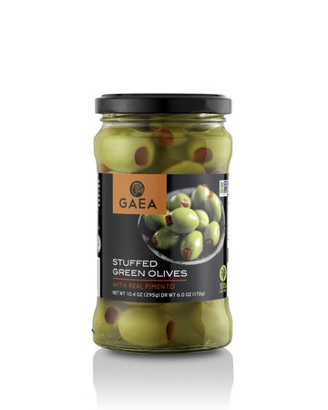 Gaea Natural Pimento Stuffed Olives, Pack of 8-6.0 Ounce Glass Jar 