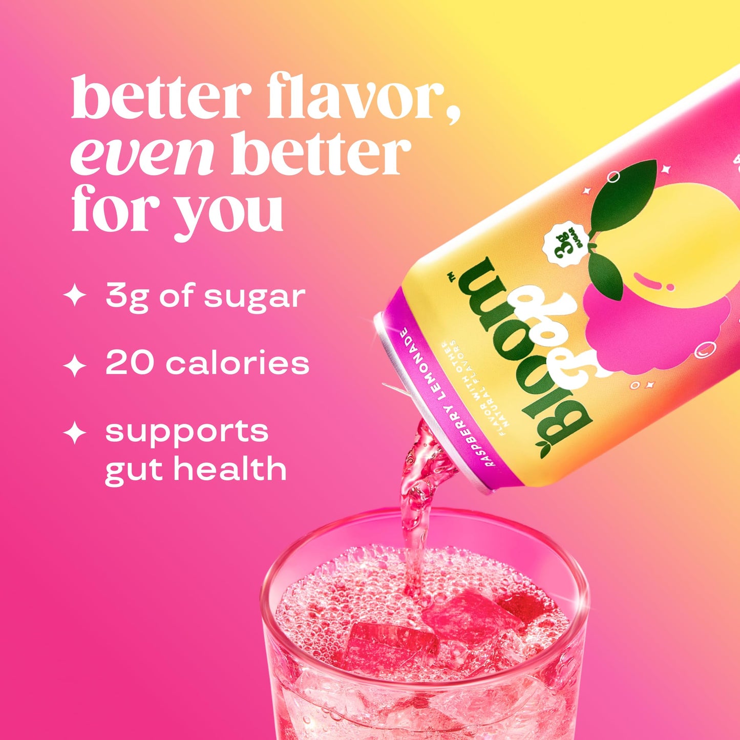 Bloom Pop Prebiotic Soda 12 Pack  Raspberry Lemonade Flavor  12oz Cans | Prebiotic Soda for Gut Health  Low Calorie Soda  No Caffeine  Healthy Soft Drink Alternative