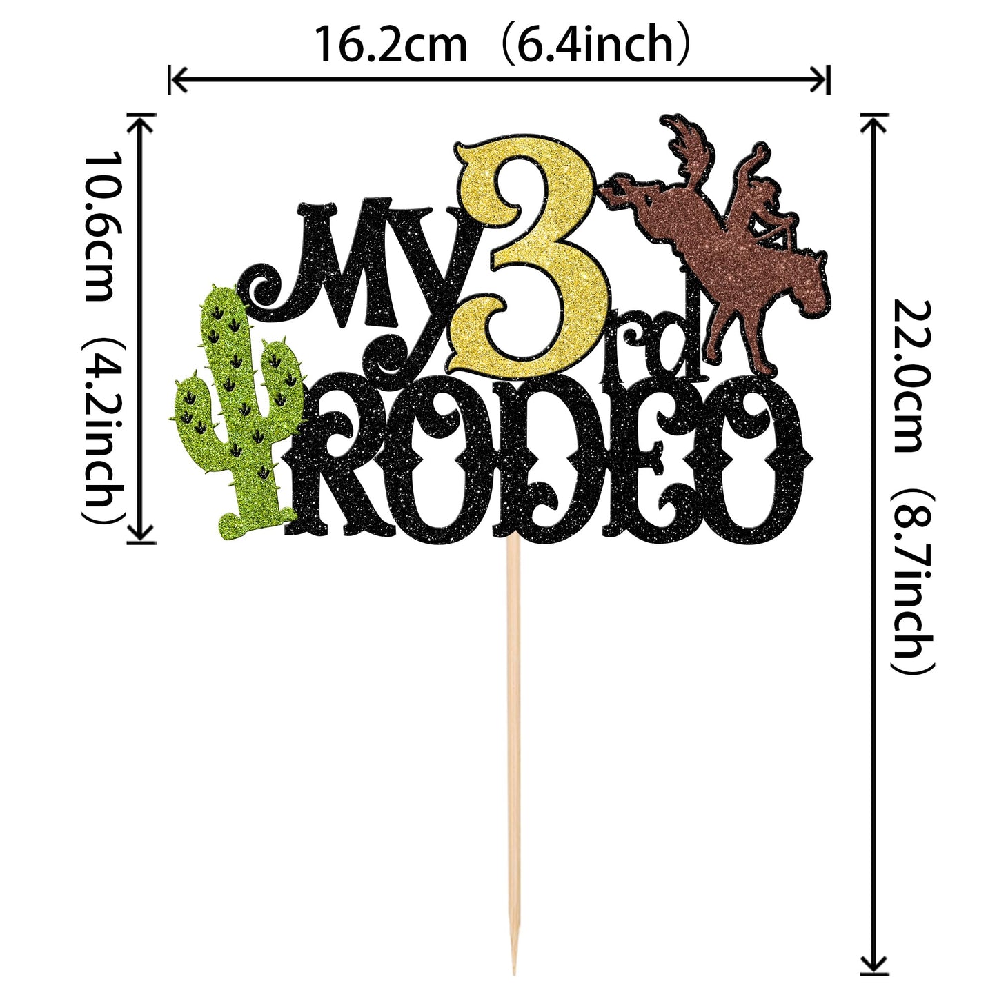1 Pcs My 3Rd Rodeo Cake Topper Brown Glitter Cactus Third Birthday Cake Pick Decoration For Western Little Cowboy Theme Baby Sho