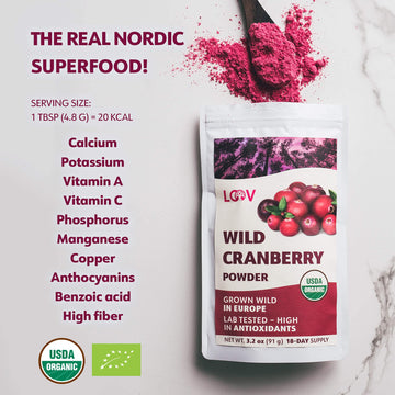 LOOV Wild Organic Freeze Dried Cranberry Powder | 3.2 Oz, 18-Day Supply | Hand Picked in Nordic Forests | Zero Additives | Great