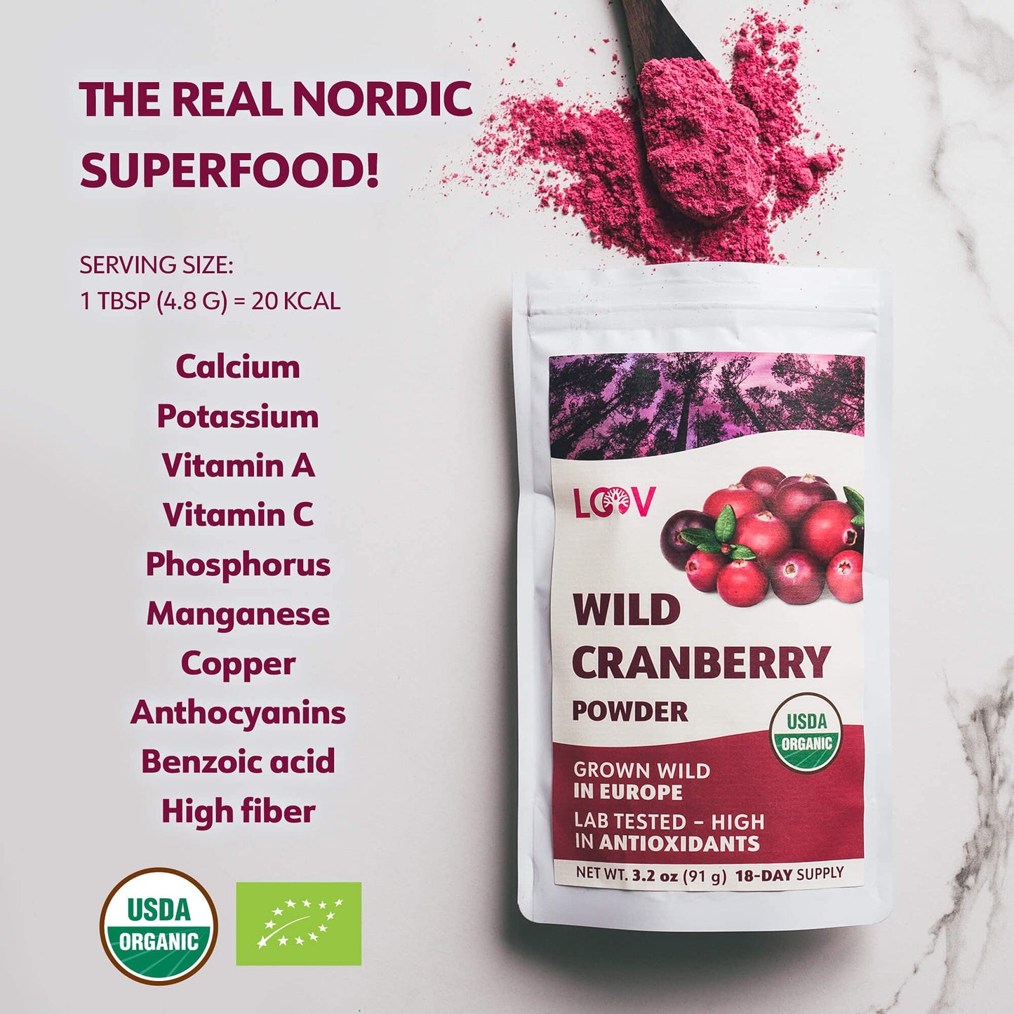 LOOV Wild Organic Freeze Dried Cranberry Powder, No Added Sugar, 3.2 Oz
