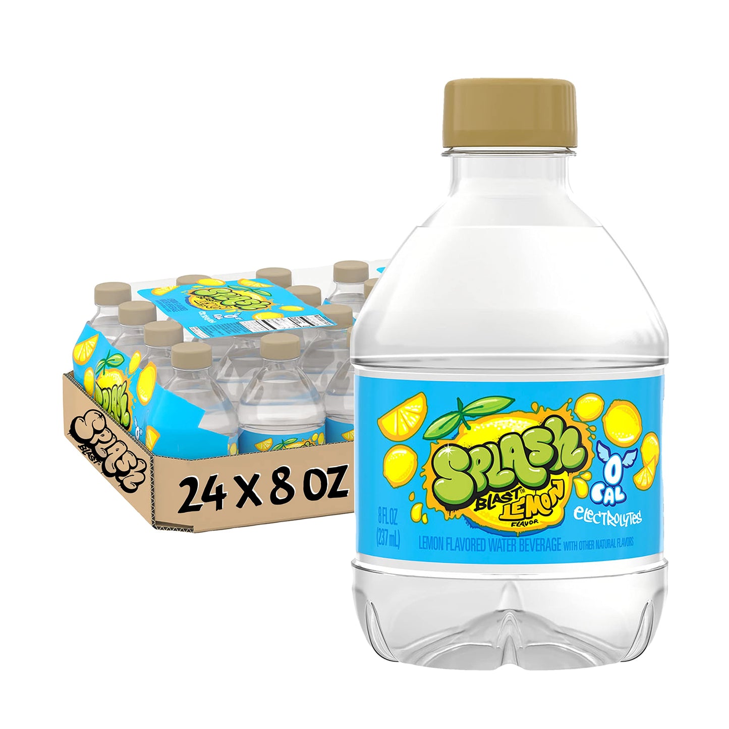 Splash Refresher, Lemon Flavor Water Beverage, 8 Fl Oz Plastic Bottles (24 Count)