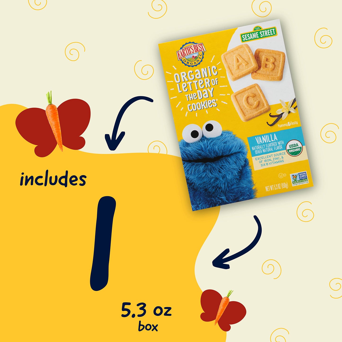 Earths Best Organic Letter of the Day Cookies for Toddlers 2 Years Old and Up, Vanilla Flavor, 5.3 Ounce Box