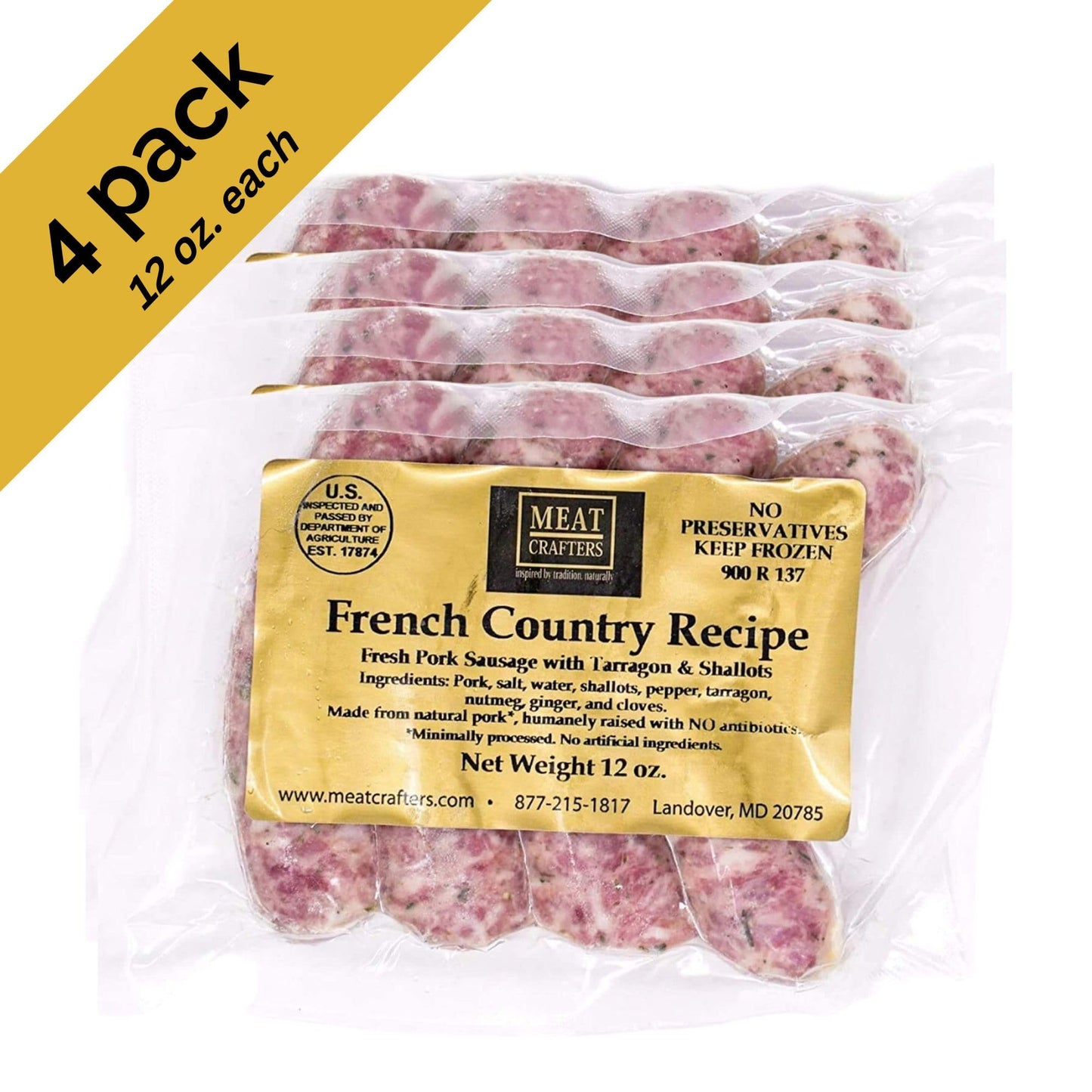 Meatcrafters French Country Pork Sausage, Minimally Processed, No Artificial Ingredients, 12Oz (4-Pack, 16 Total Links)