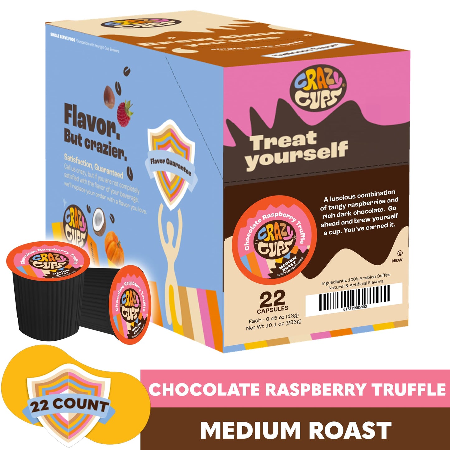 Crazy Cups Flavored Coffee for Keurig K-Cup Machines, Chocolate Raspberry Truffle, Hot or Iced Drinks, 22 count Single Serve, Re
