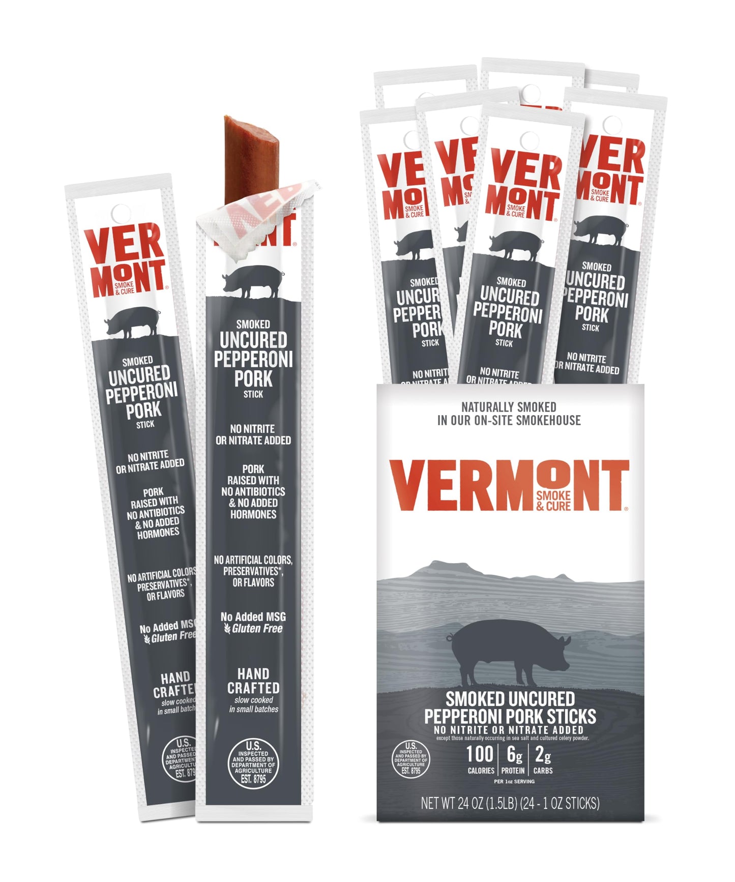 Vermont Smoke & Cure Snack Sticks - Pork Pepperoni - Maple Smoked - 24oz Jerky Stick, Healthy Meat Protein - 24 Count Carton