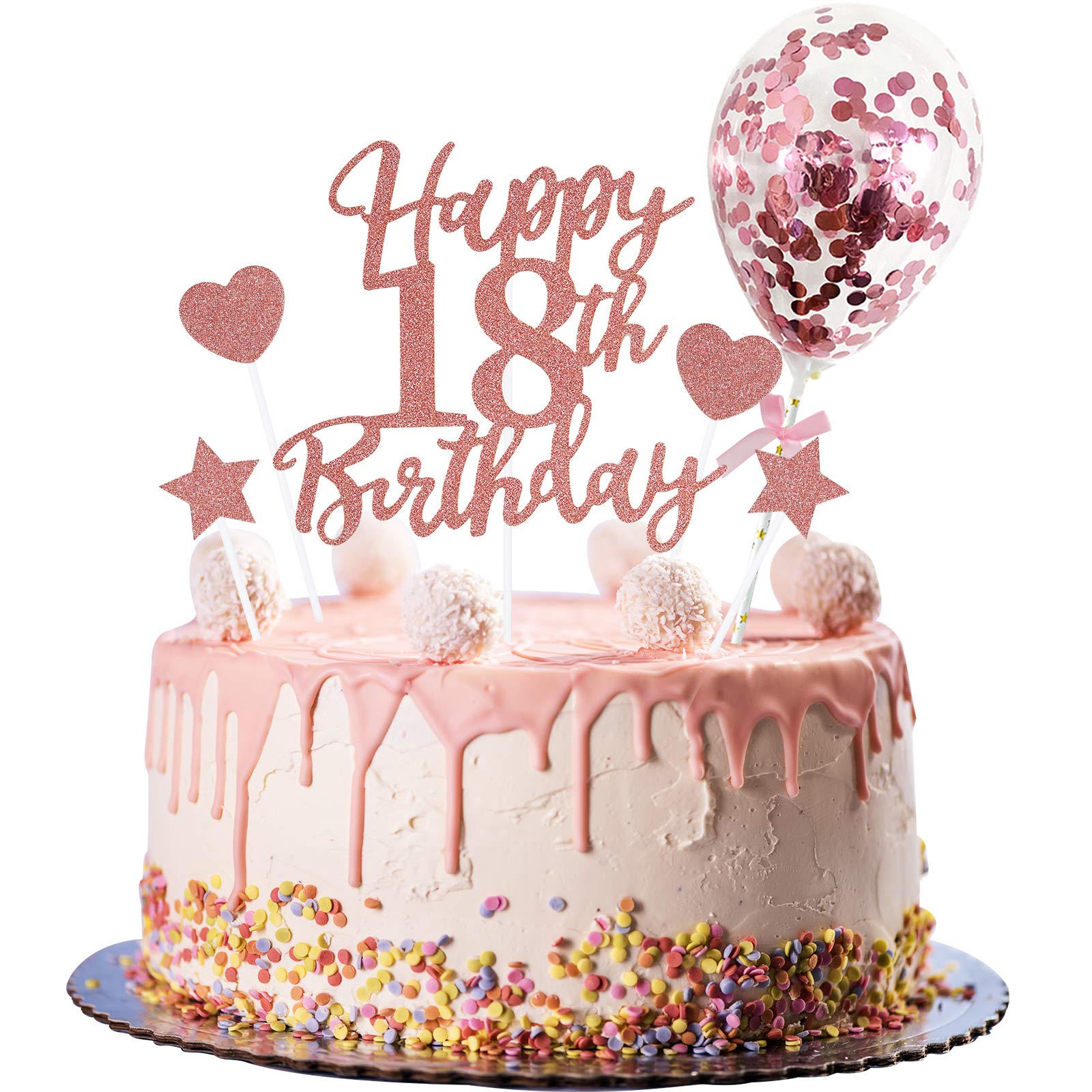 Larchio 18Th Birthday Cake Topper, Rose Gold Happy 18Th Birthday Cake Topper And Balloon Cake Topper For Girl Birthday Cake Deco