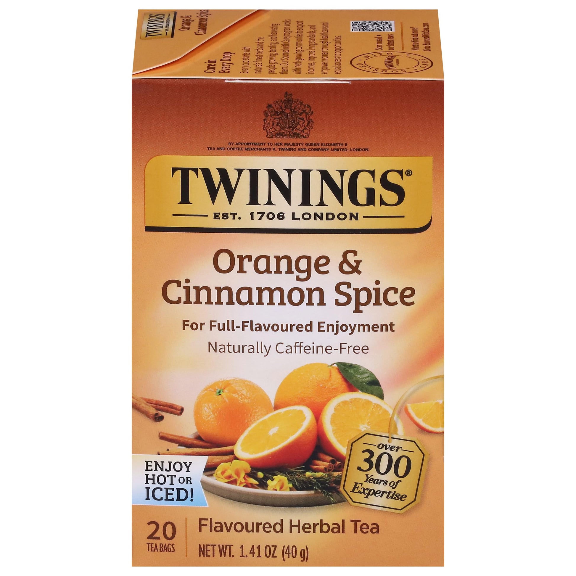 Twinings Orange & Cinnamon Spice Herbal Tea Individually Wrapped Bags  20 Count (Pack Of 1)  Naturally Energy Blend-Free  Enjoy Hot Or Iced  20 Teabags