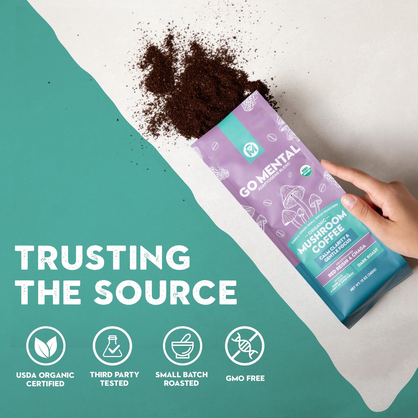 GO MENTAL Organic Mushroom Decaf Coffee, Dark Roast, 12oz Ground, Swiss Water Process, Red Reishi & Chaga, Single Origin Peruvian