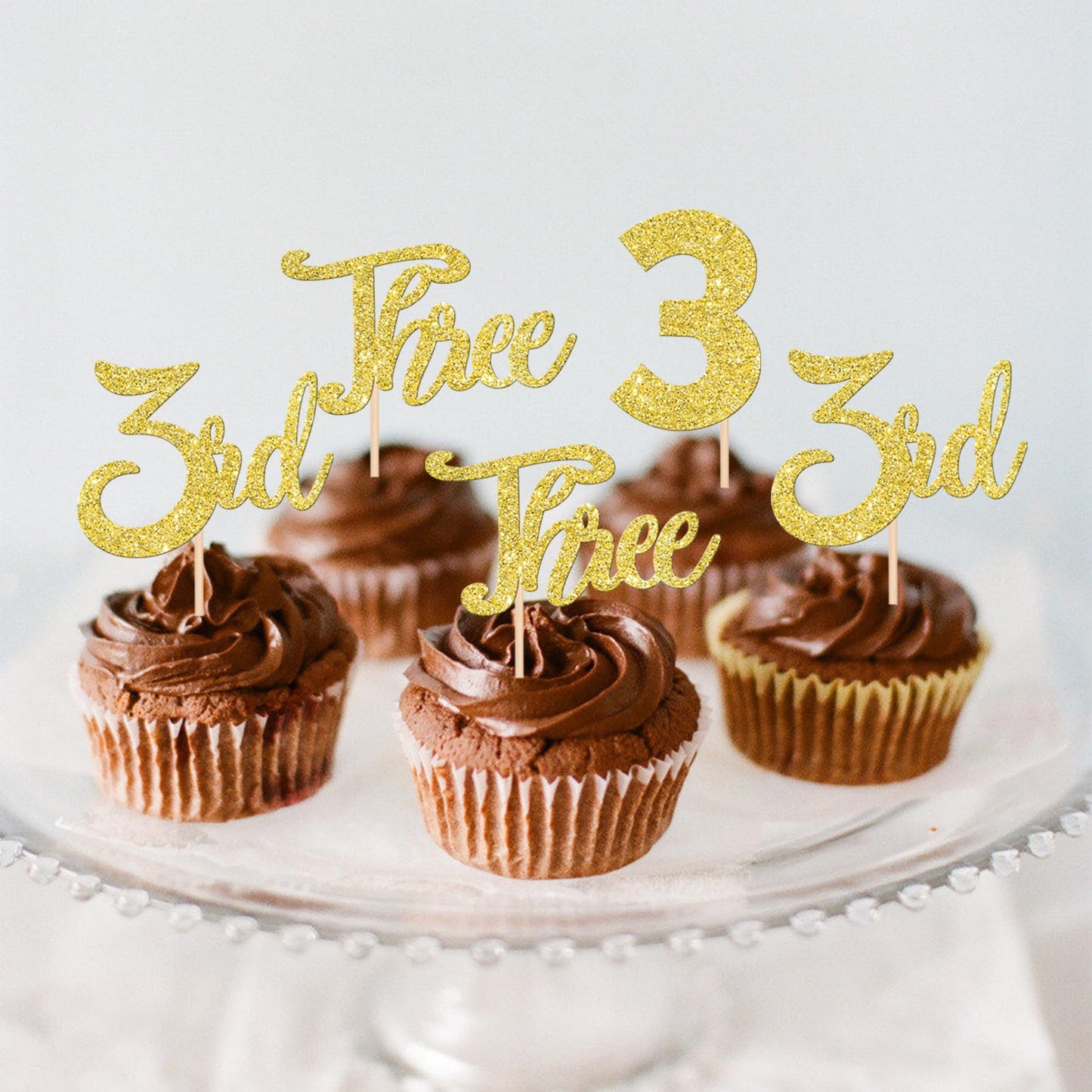 24 Pcs 3Rd Birthday Cupcake Toppers Glitter Third Birthday Three Cupcake Picks Number 3 Cake Toppers For Baby Shower Kids 3Rd Bi