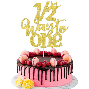 1 Pcs Half Way To One Cake Topper Glitter Happy 6 Months Birthday Cake Pick 1/2 Half Birthday Cake Decoration For Baby Half Year