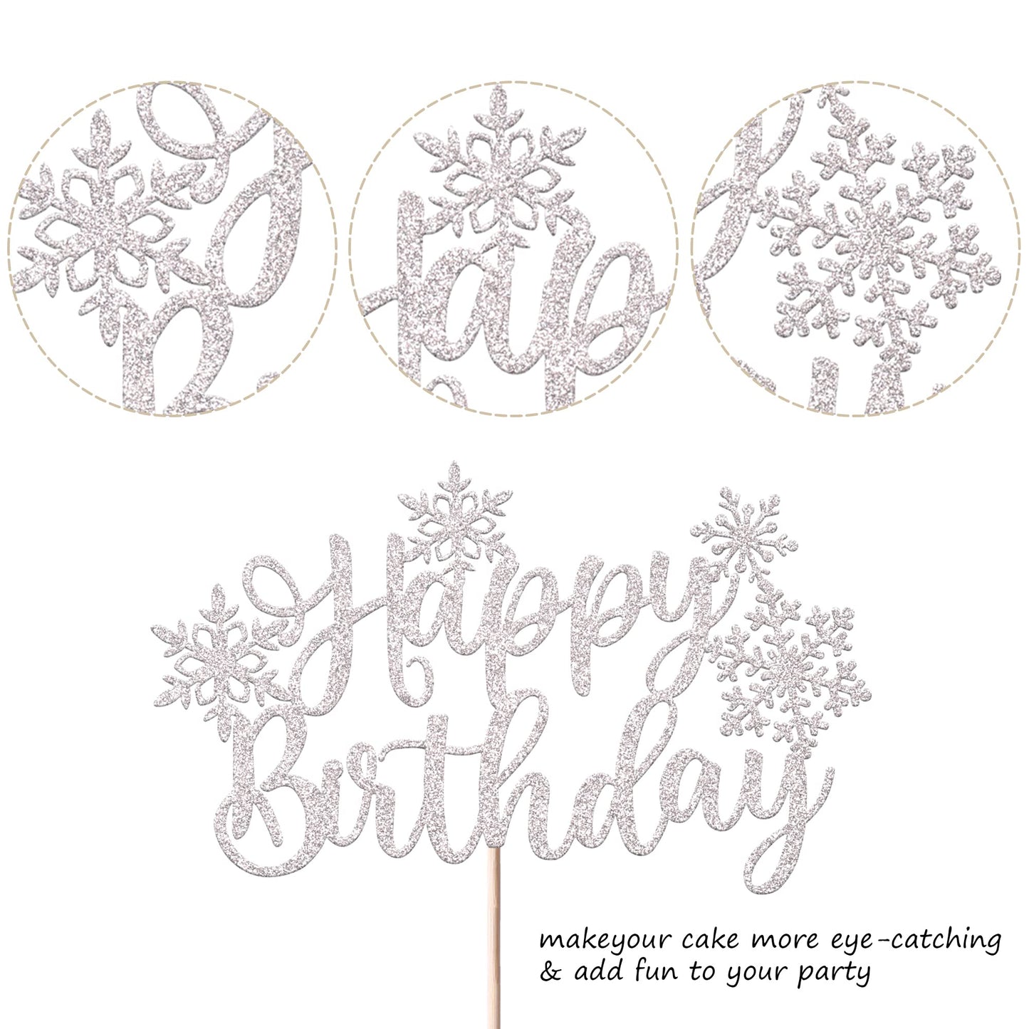 Rssta i Snowflake Happy Birthday Cake Topper Glitter Winter Theme Silver, Model: xm138-silver, Baby Shower Decorations