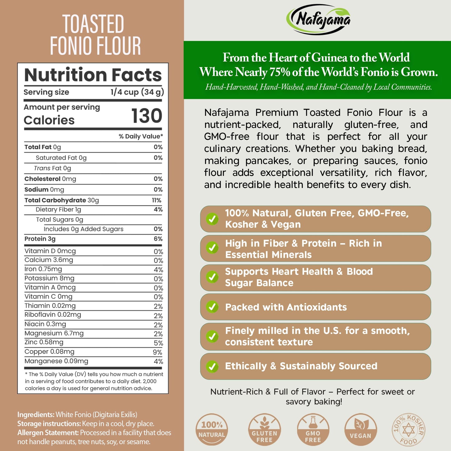 Nafajama enhanced Gluten-Free Toasted Fonio Flour | Ancient African Superfood | All-Natural  Non-GMO  Vegan  High-Fiber (1 Bag of 110 lb / 50 KG)