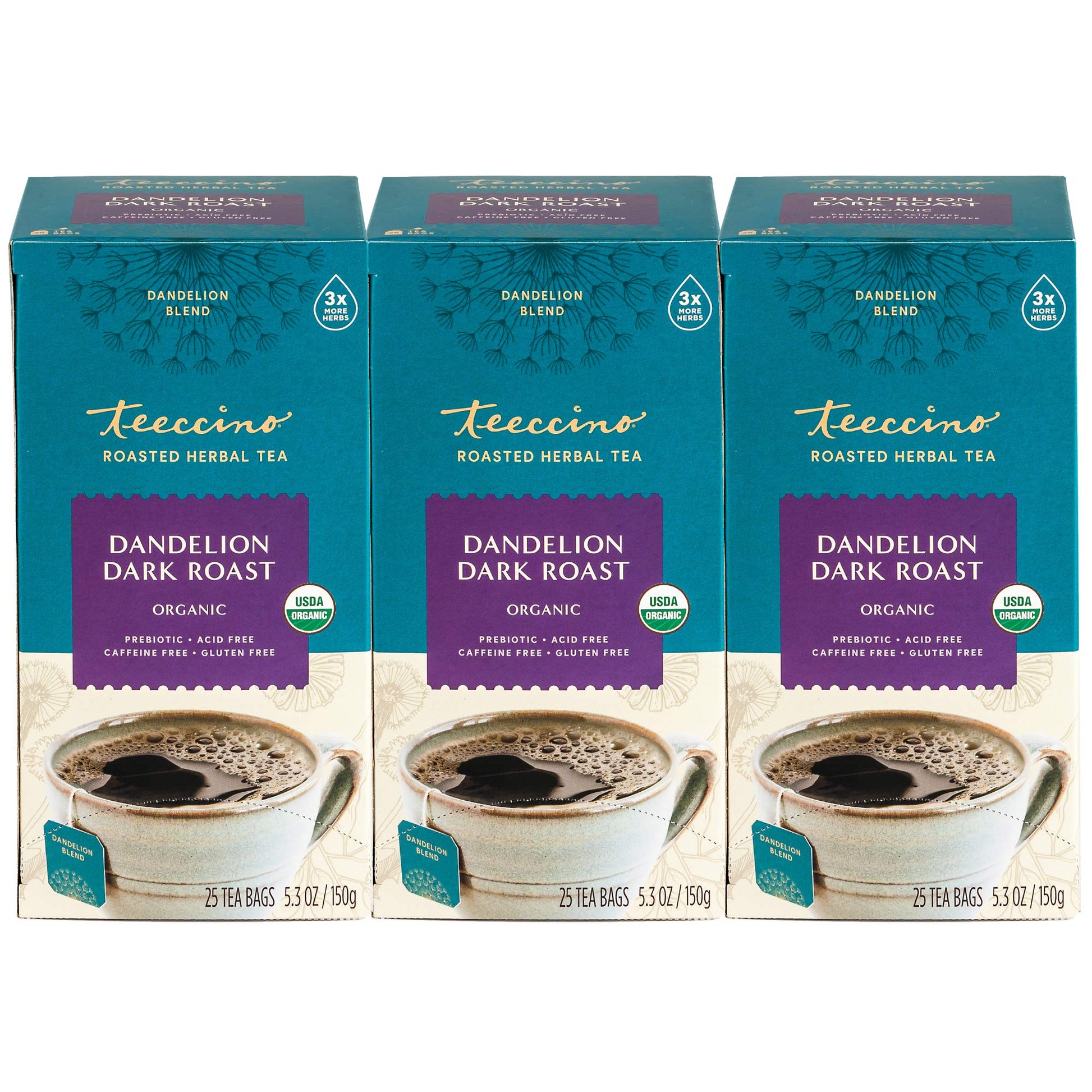 Teeccino Dark Roast Dandelion Herbal Tea - Caffeine Free & Prebiotic, 25 Count (Pack of 3)