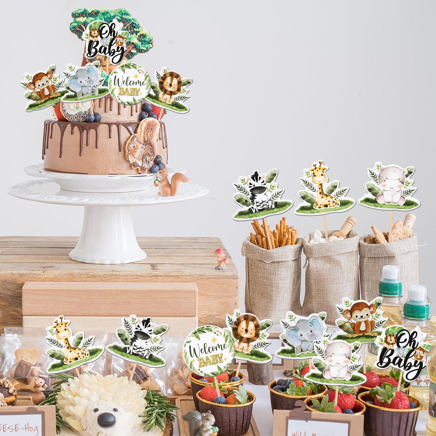 40 Pcs Safari Animals Baby Shower Cupcake Toppers Oh Baby Jungle Animals Cupcake Picks Elephant Giraffe Lion Hippo Monkey Zebra