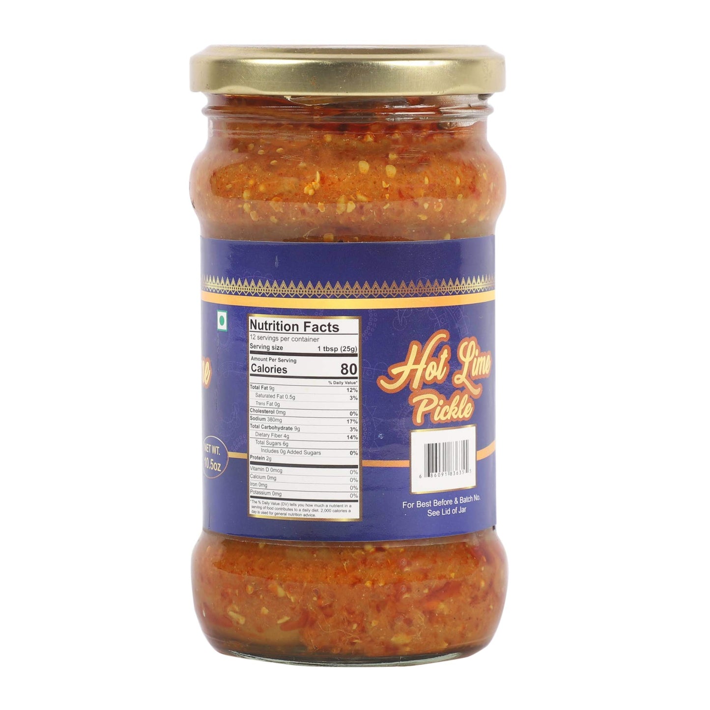 TAJ Gourmet Hot Lime Pickle - Spicy Indian Relish Achar, 10.5oz Glass Jar