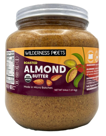 Wilderness Poets, Roasted Almond Butter - Organic, Smooth, Creamy, No Salt, Unsweetened - Half Gallon Glass Jar, 4 Pound (64 Oun