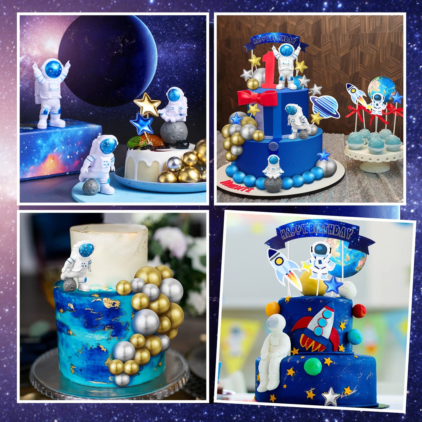 24 Pcs Astronaut Space Cake Toppers Outer Space Cake Toppers Decoration Astronaut Figurines Planet Rocket Satellite Pearl Balls