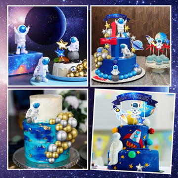 24 Pcs Astronaut Space Cake Toppers Outer Space Cake Toppers Decoration Astronaut Figurines Planet Rocket Satellite Pearl Balls