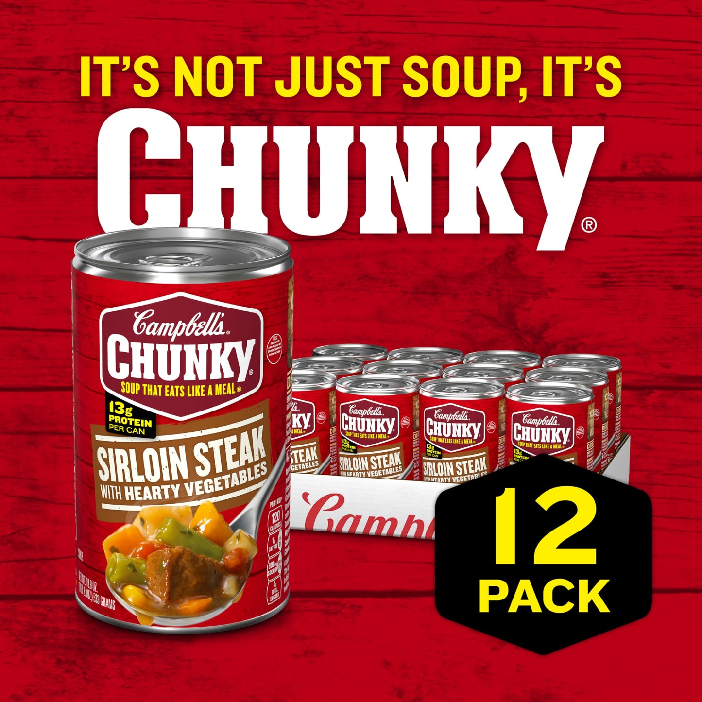 Campbells Chunky Soup, Sirloin Steak With Hearty Vegetables Soup, 18.8 Oz Can (Case of 12)