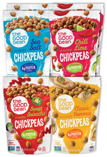 The Good Bean Crunchy Chickpeas - Variety Pack - (6 Pack) 6 Oz - Sea Salt, Chili Lime, Sweet Sriracha, And Classic Hummus Roaste