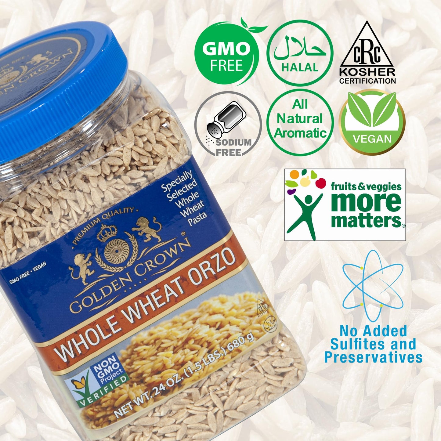 Golden Whole Wheat Orzo Pasta, Vegan, Non-GMO, 24 Oz (1.5 LB), Halal & Kosher Certified