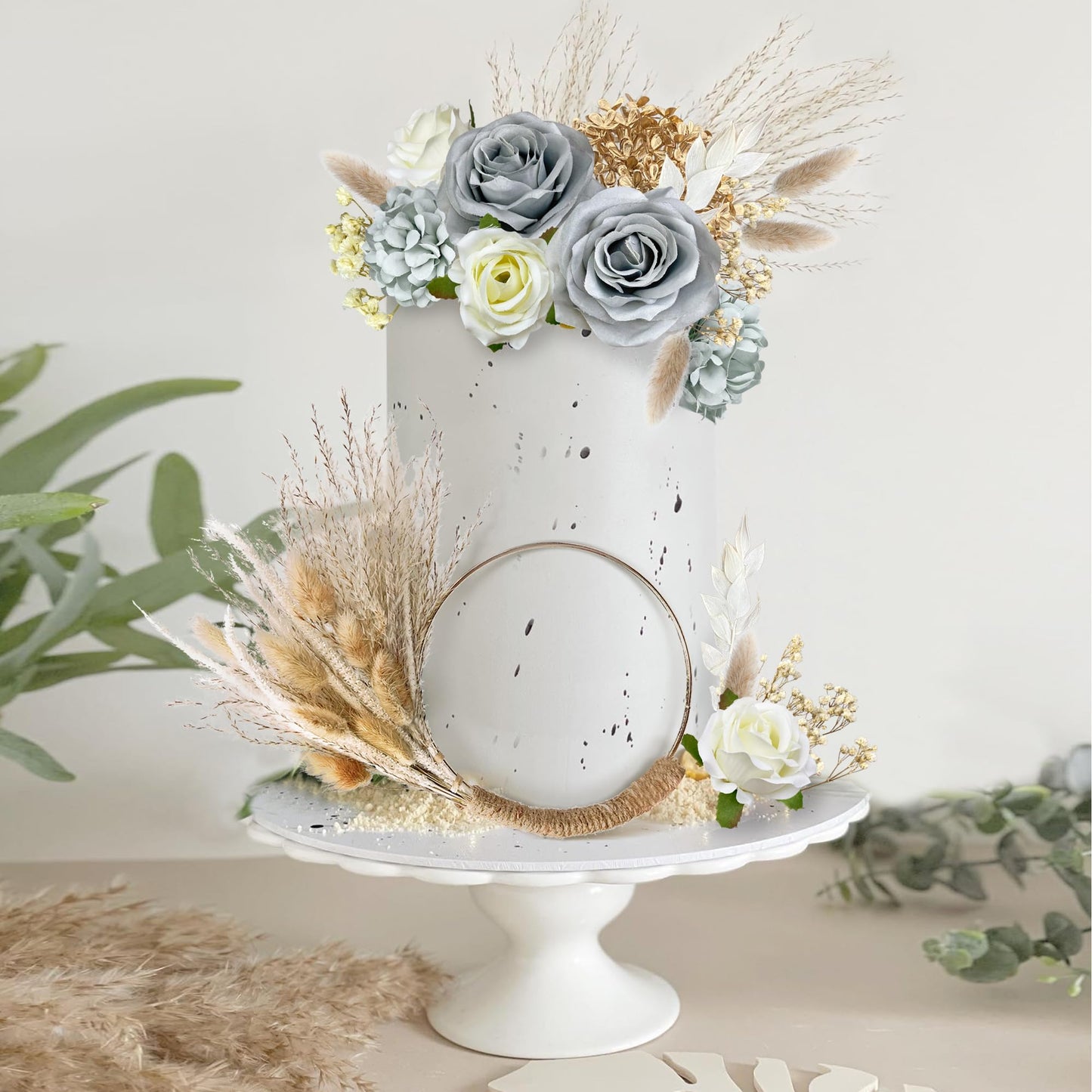 19 Pcs Gray Boho Cake Decorations Flower Cake Toppers Pampas Grass Cake Topper For Wedding Bridal Baby Shower Birthday Party Sup