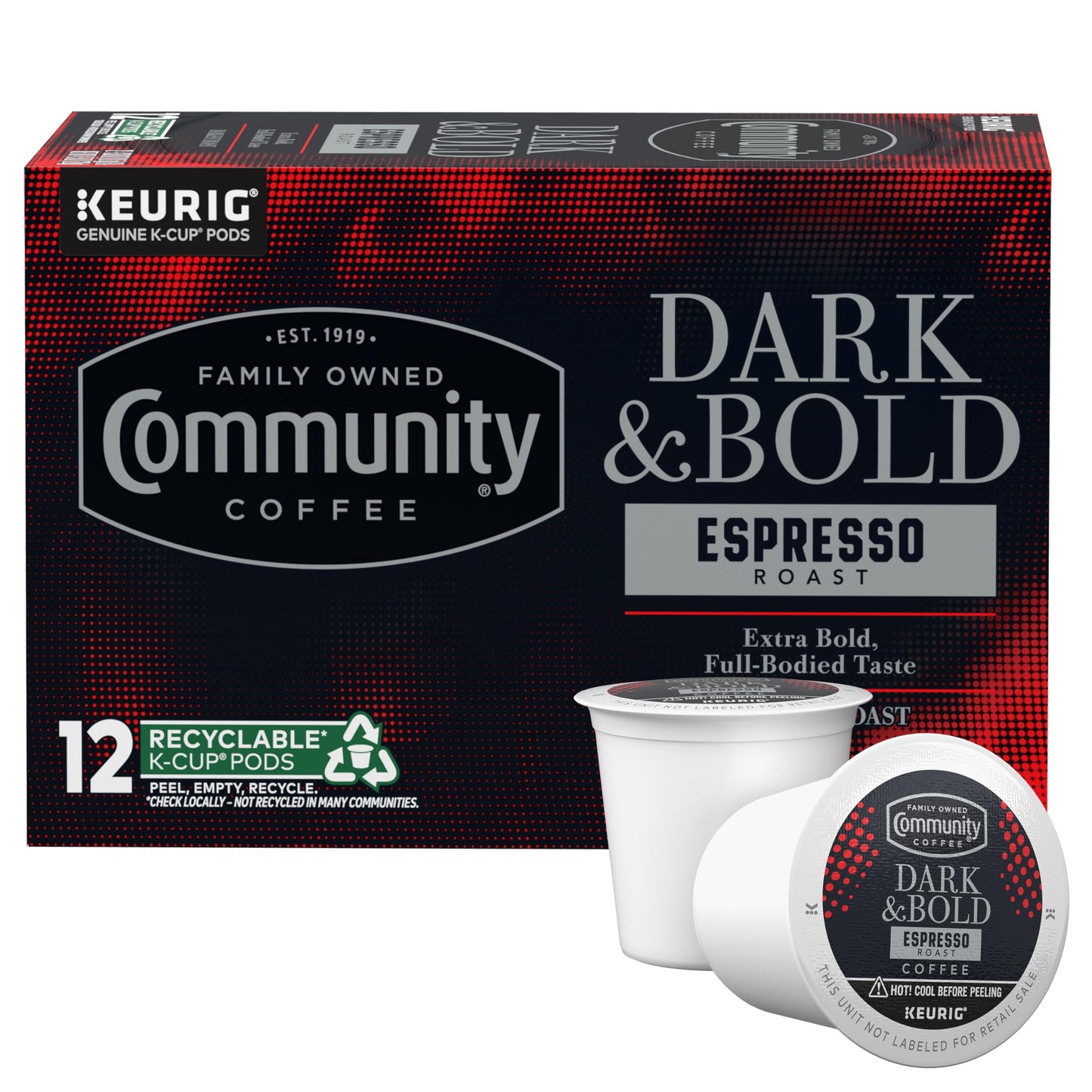 Community Coffee Dark & Bold Espresso Roast Coffee Pods, Extra Dark Roast, Compatible with Keurig 2.0, 12 Count (Pack of 1)