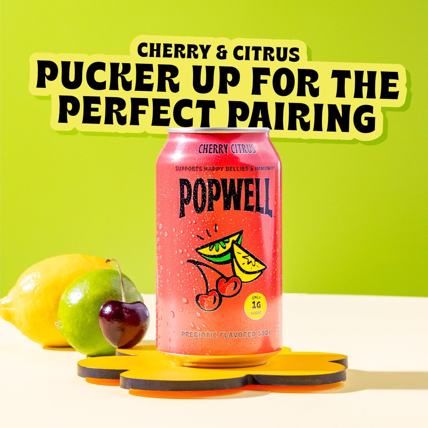 Popwell Cherry Citrus Prebiotic Soda, 12 Fl Oz Cans (Pack of 12) - 6g Fiber, 1g Sugar, Vitamins & Immunity Support
