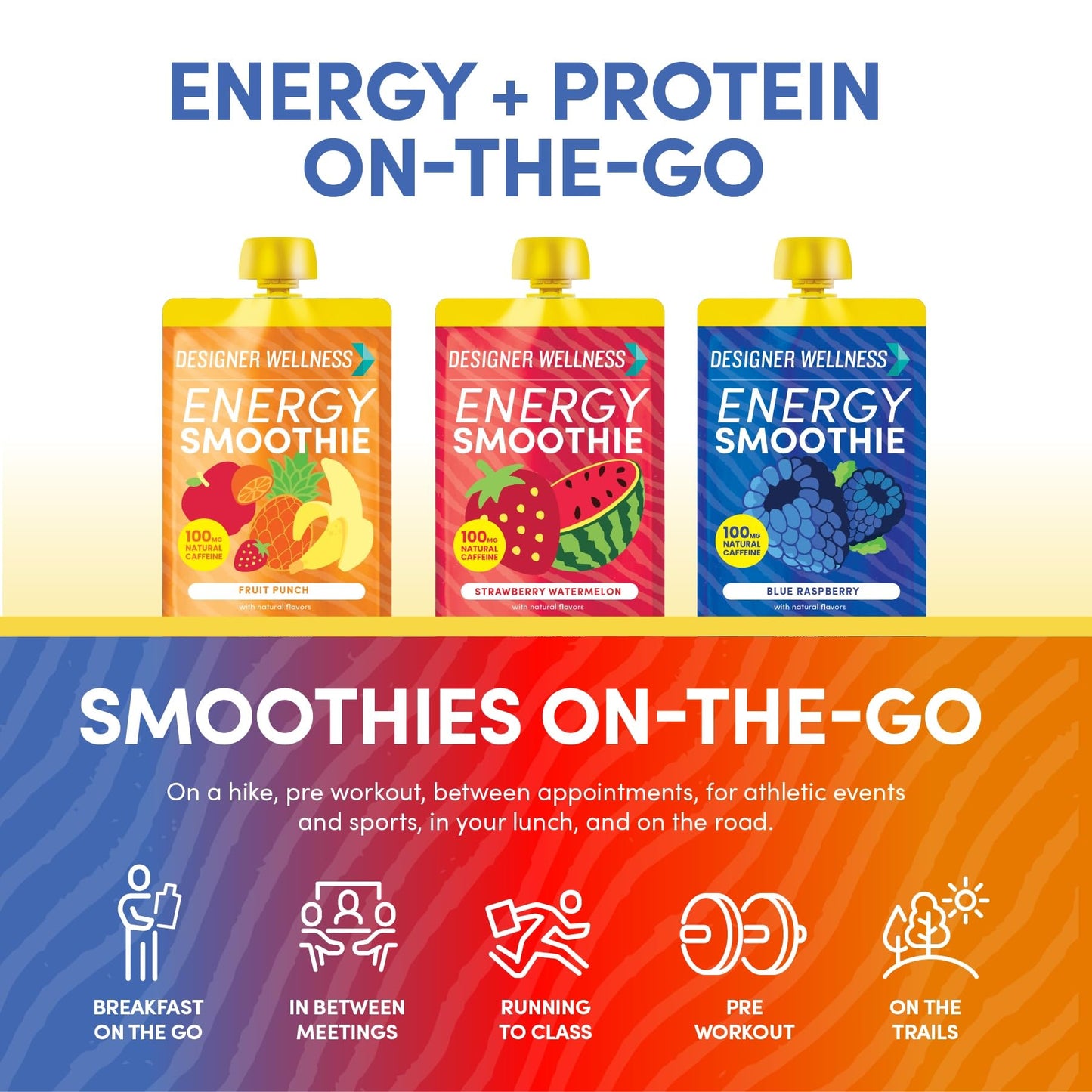 Designer Wellness Energy Smoothie  Real Fruit  100mg Natural Caffeine  5g Protein  Low Carb  Zero Added Sugar  Gluten-Free  Variety Pack  12 Count