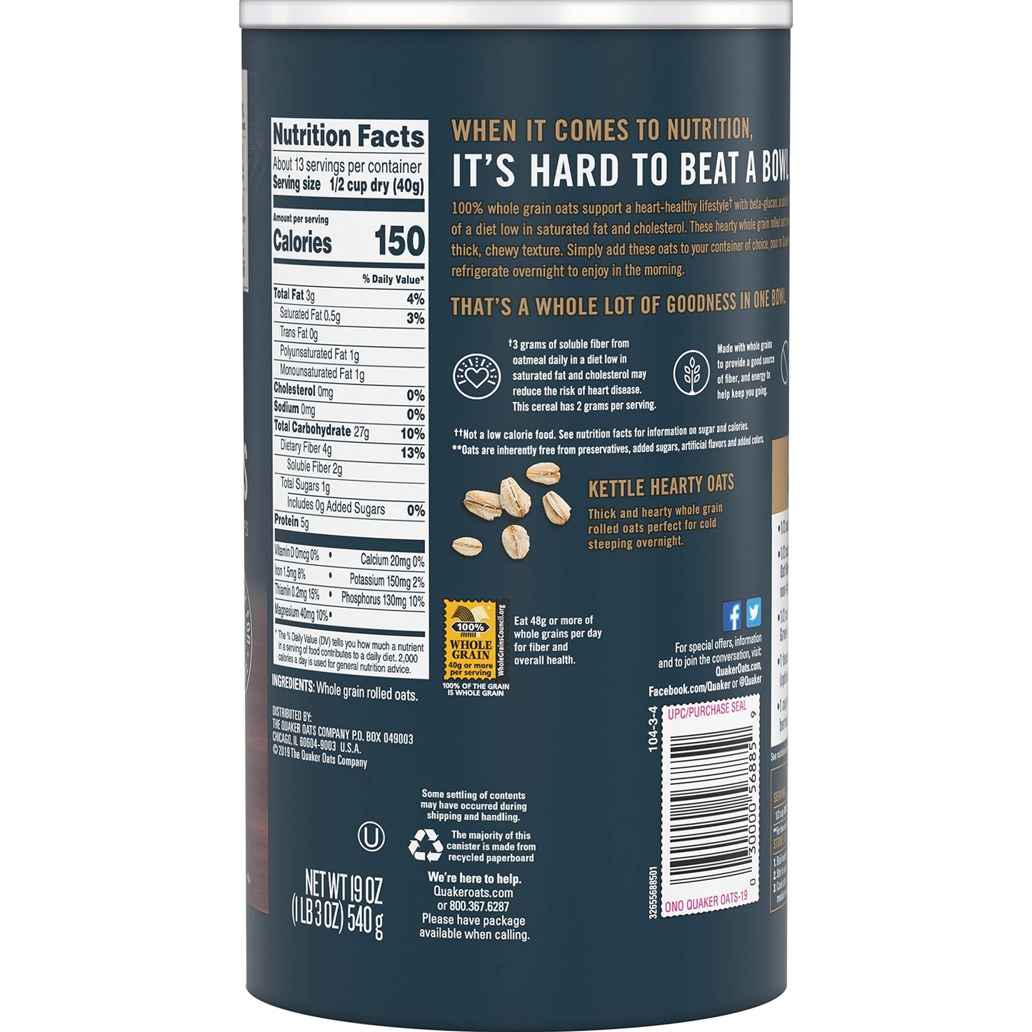 Quaker Rolled Overnight Oats, 19oz Canister