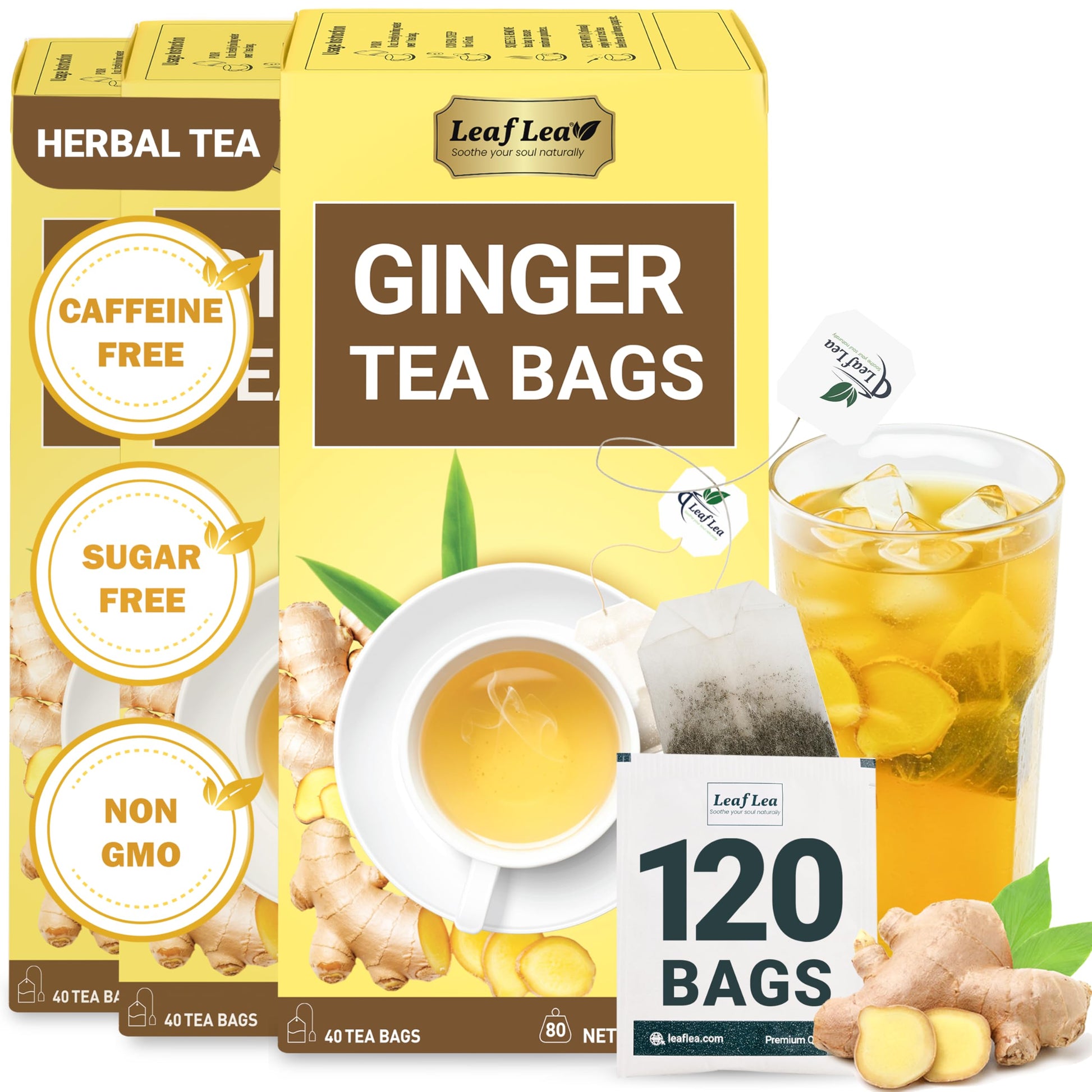 LeafLea Ginger Tea Bags, 100% Pure Herbal Tea, Caffeine-Free, Sugar-Free, Vegan, 120 Bags (Pack of 3)