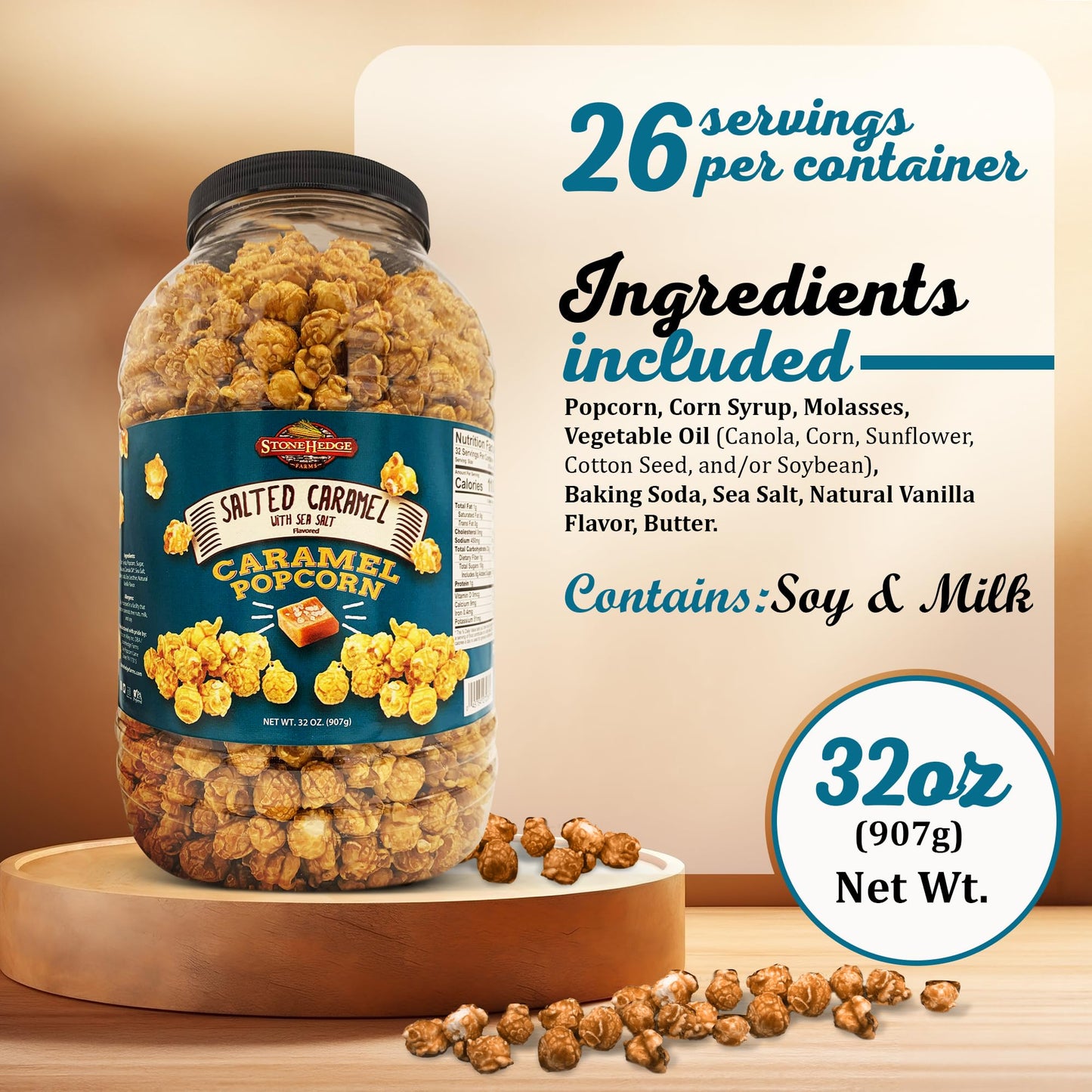 Stonehedge Farms Salted Caramel Flavored Popcorn - 32 Oz Large Tub - Bulk Gourmet Deliciously Old Fashioned Popped Sweet Snacks