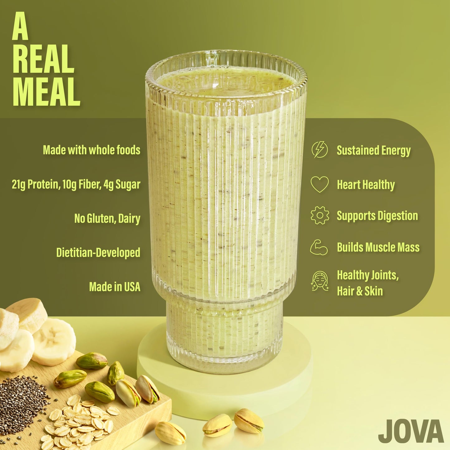 JOVA Nutritious Meal Replacement Shake | 22g Protein, 10g Fiber, 4g Sugar (Whole Foods: Oats, Pistachio, Collagen, Hemp Seed, Co