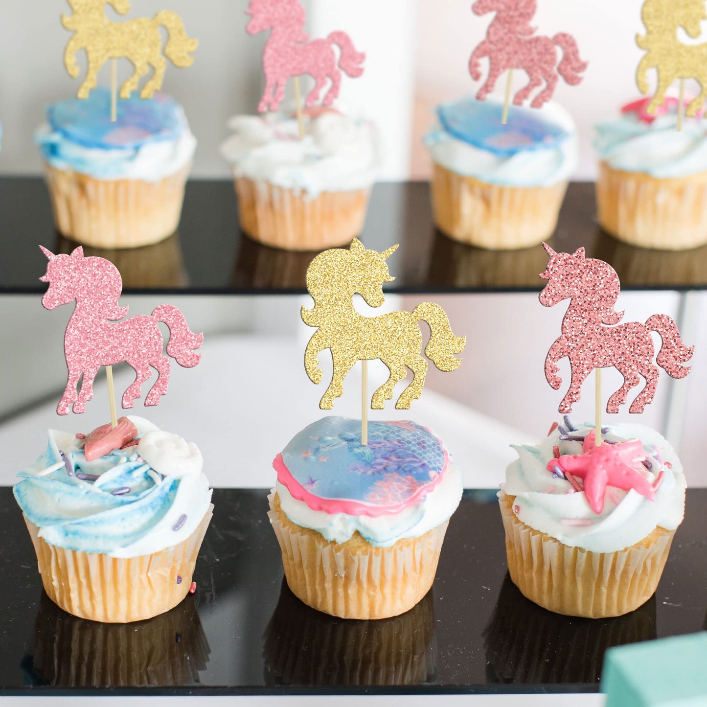 Gyufise 24Pcs Unic Cupcake Toppers Colorful Glitter Unic Horse Cupcake Food Picks Baby Shower Wedding Kids Birthday Party Cake D