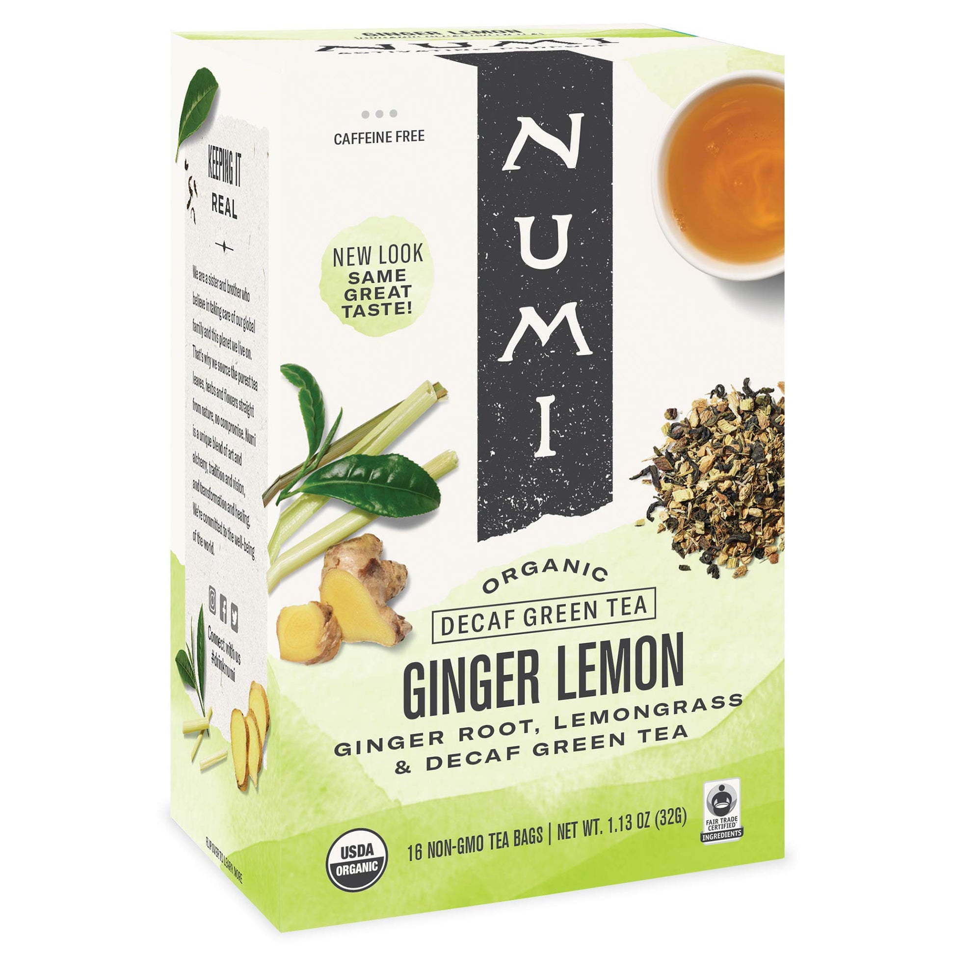 Numi Organic Tea Decaf Ginger Lemon, 16 Count Box Of Tea Bags, Decaf Green Tea (Packaging May Vary)