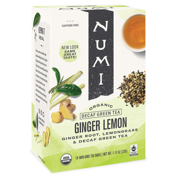 Numi Organic Tea Decaf Ginger Lemon, 16 Count Box Of Tea Bags, Decaf Green Tea (Packaging May Vary)