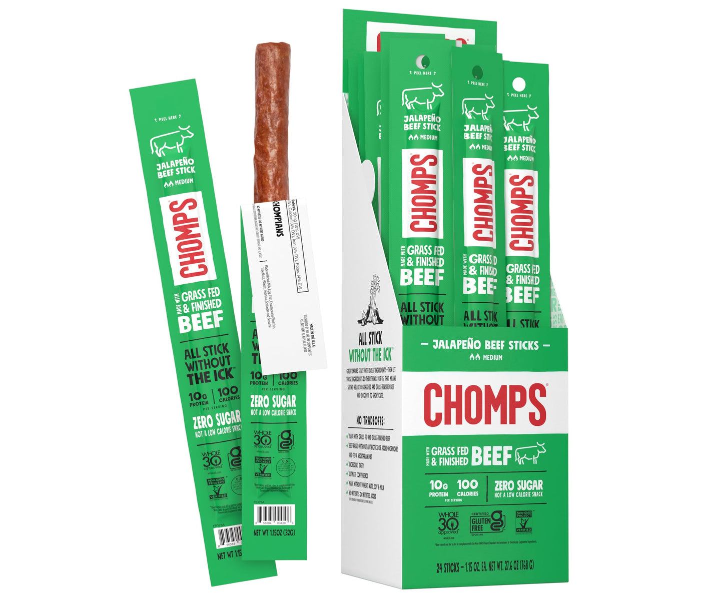 Chomps Jalapeño Beef Jerky Snack Sticks - 24-Pack, Gluten-Free, Zero Sugar, Non-GMO, 1.15 Ounce Each